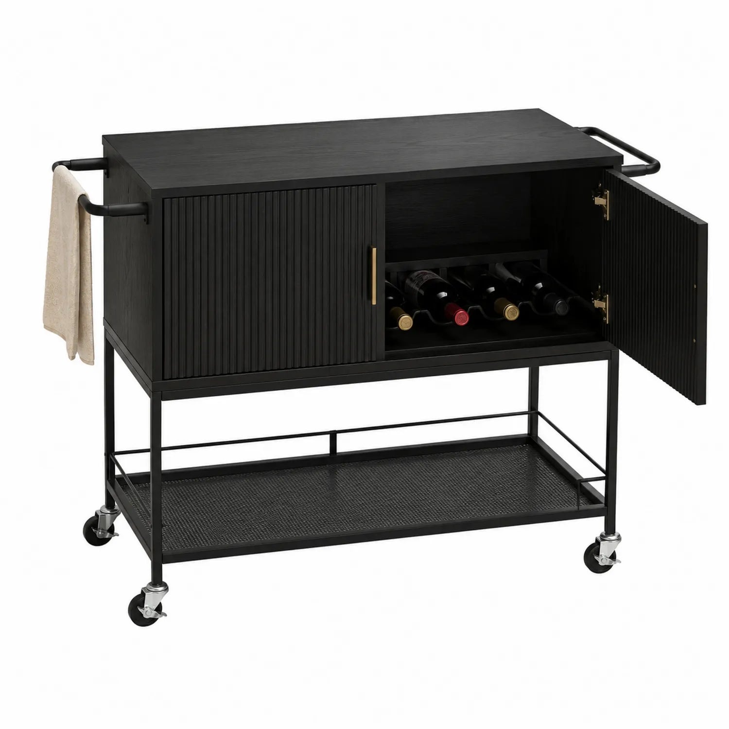 Carrello Bar in Legno MDF e Acciaio Nero con Portabottiglie
