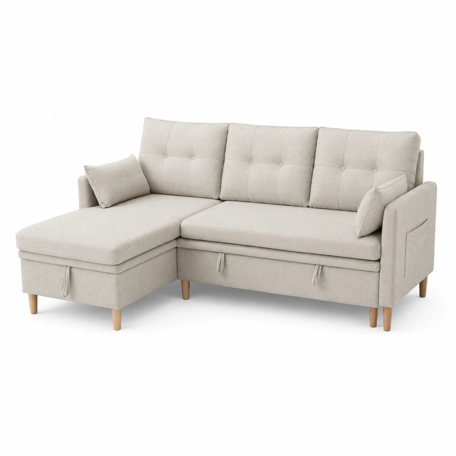 Divano angolare in tessuto beige a 3 posti con gambe in legno