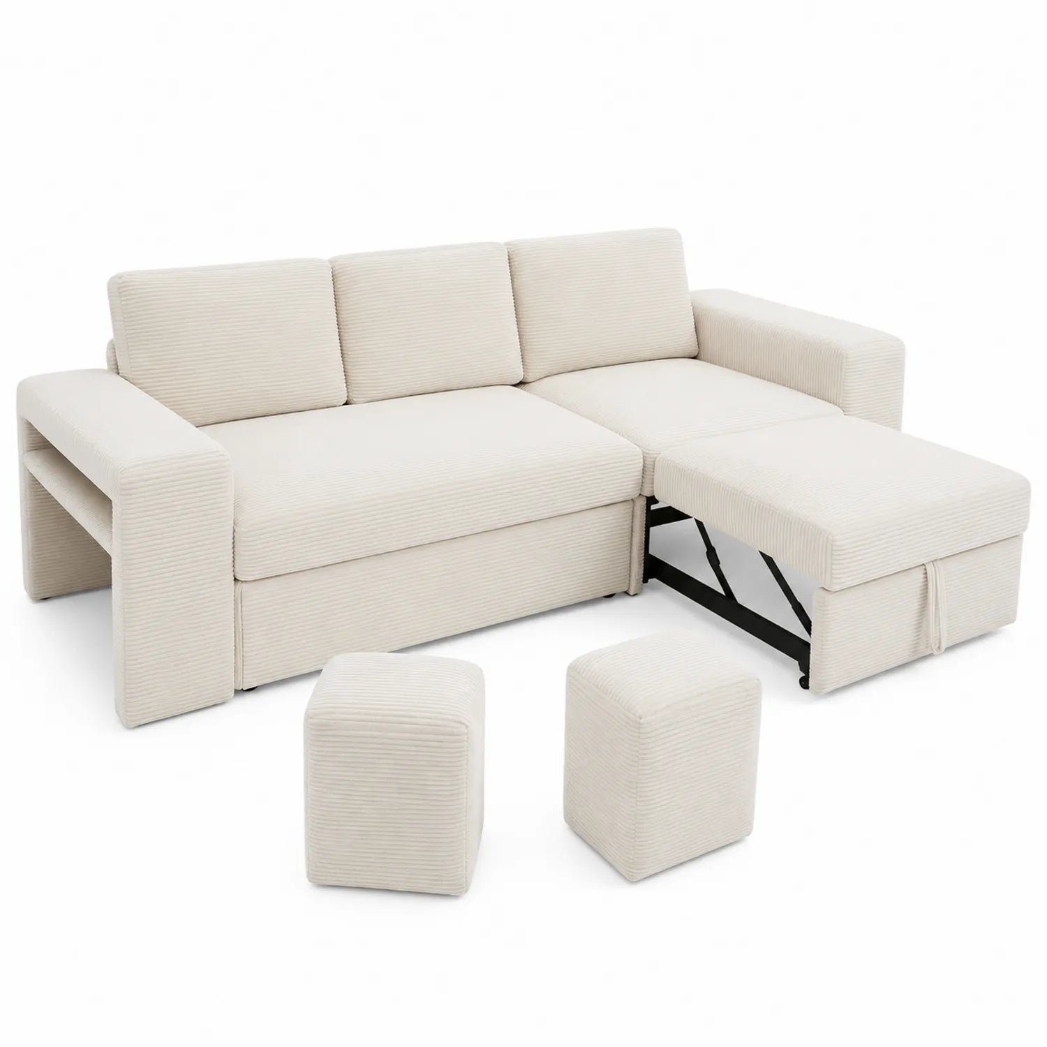 Divano componibile in velluto a coste beige con pouf