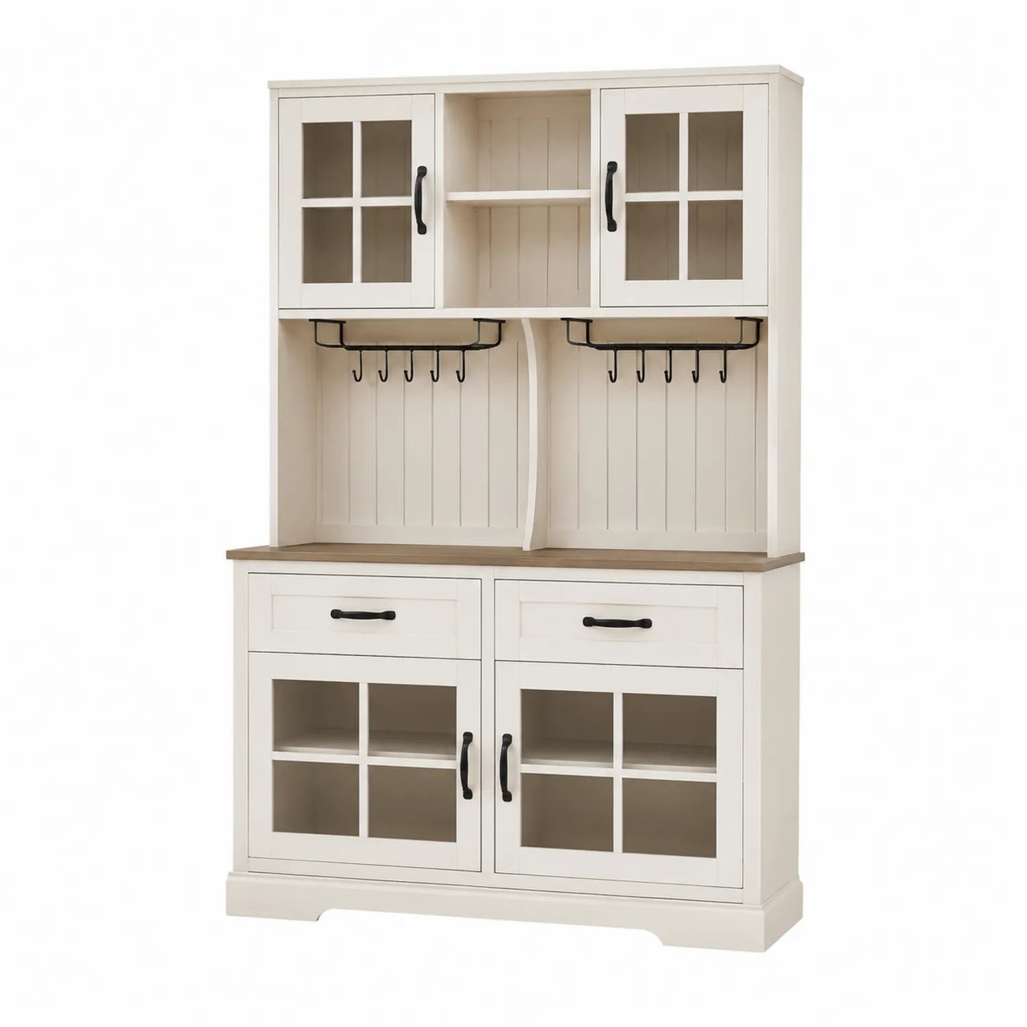 Credenza in legno con ante in vetro e ripiani bianchi
