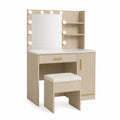 Toeletta con Specchio LED in Legno di Rovere con Sgabello e Ripiani