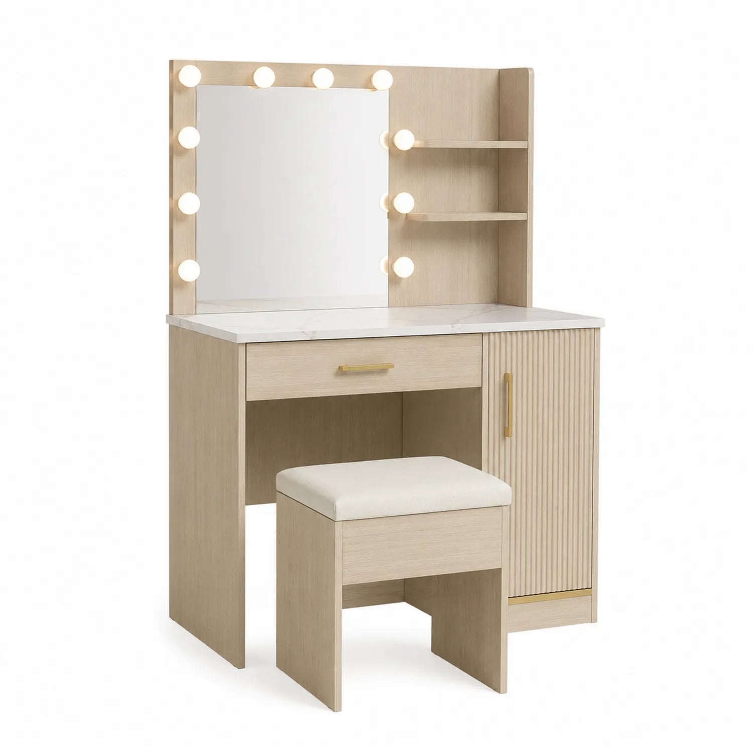 Toeletta con Specchio LED in Legno di Rovere con Sgabello e Ripiani