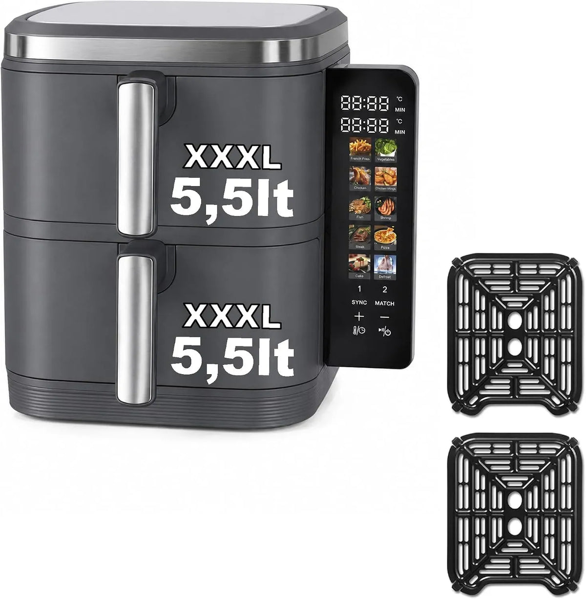 Friggitrice ad aria, 11 L, 2800 W, 12 programmi, 60 a 200 °C, libera installazione, touch, timer, Display LED Touch Richiudibile, 4 Piani di Cottura