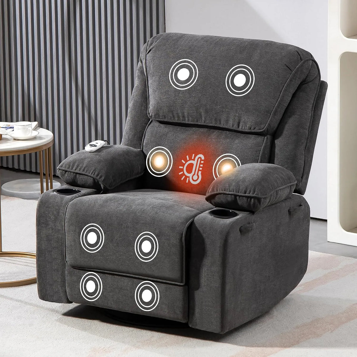 Poltrona relax con massaggio, Poggiapiedi e 1 Tasche Laterali, Girevole a 360°