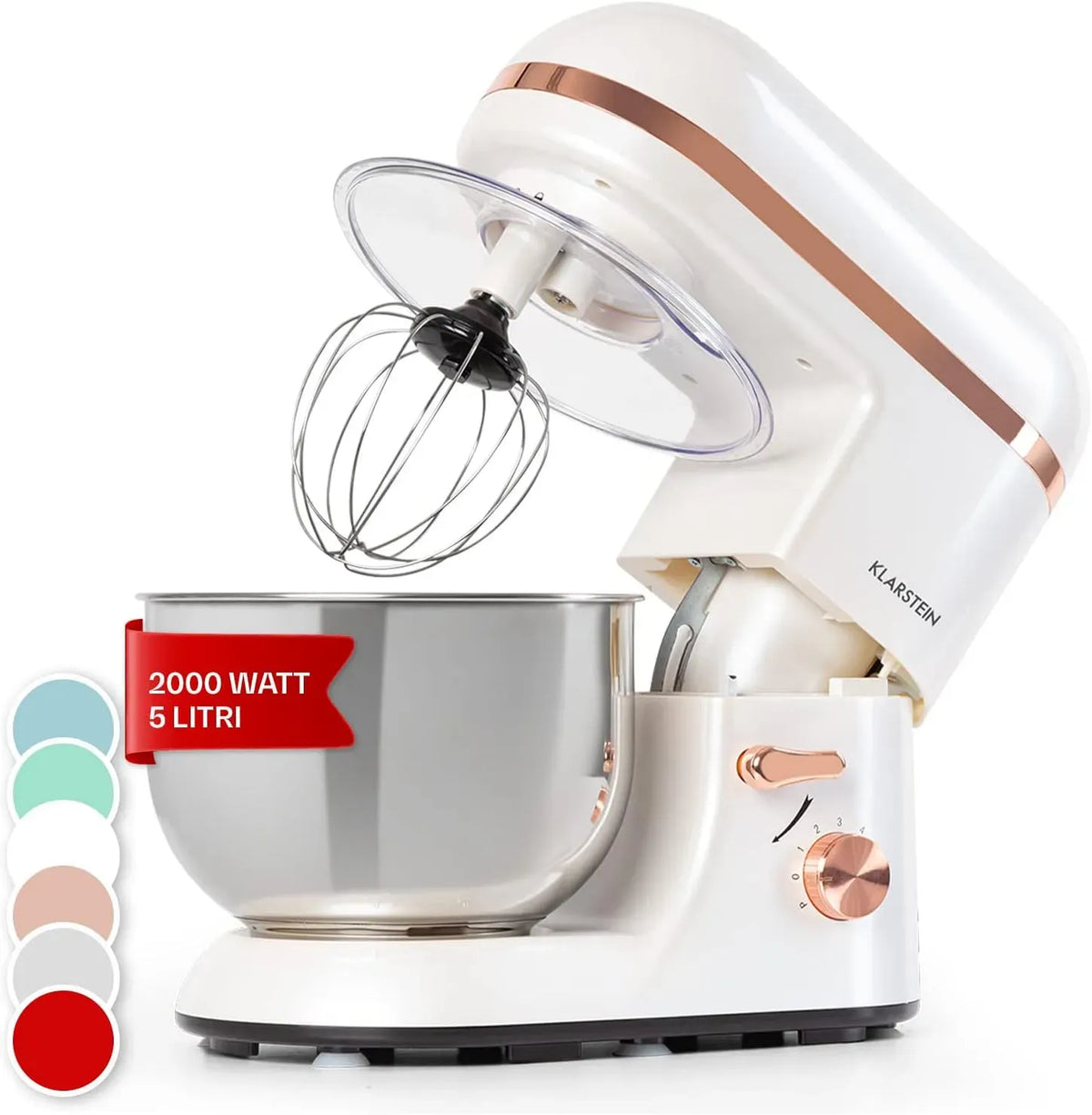 Klarstein Pane con Gancio e Frusta, per Planetaria Professionale, Impastatrice Planetaria 5 Litri con Ciotola, Impastatrice Professionale 2000W per