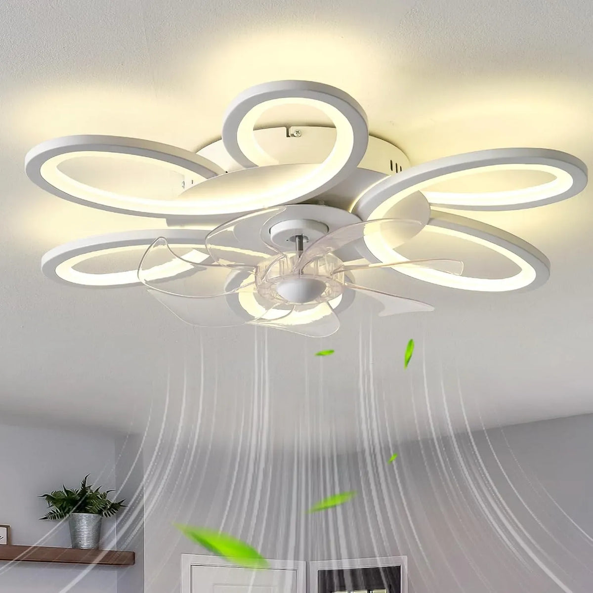 Ventilatore, bianco, ventola per circolazione dell'aria, Fiore Ventilatore Da Soffitto Con Luce E Telecomando
