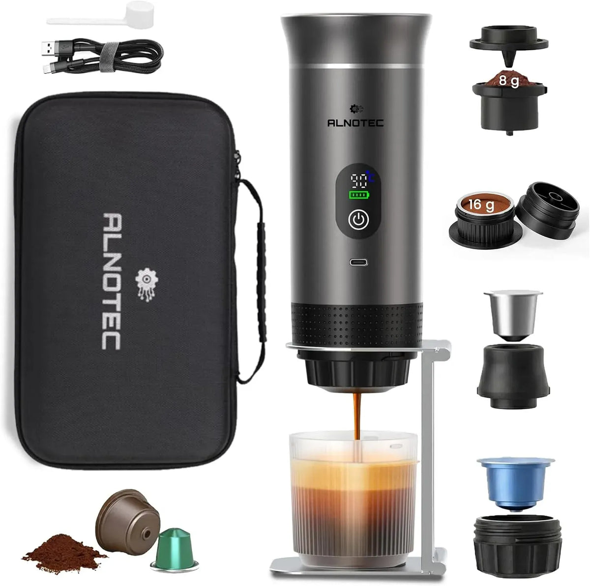 Macchina da caffè g/16, portatile, USB, 3 in 1 compatibile con capsule NES®, 2 Adattatori Caffè Macinato 8 g, DG® e Caffè Macinato