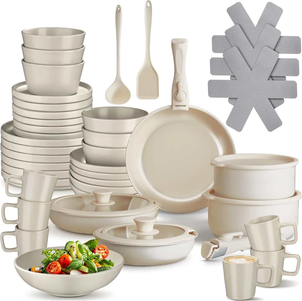 Forno a microonde, bianco, tectake® Set cucina per 6 persone 46 pcs, 24 pcs piatti ciotole e tazze, 11 pcs padelle