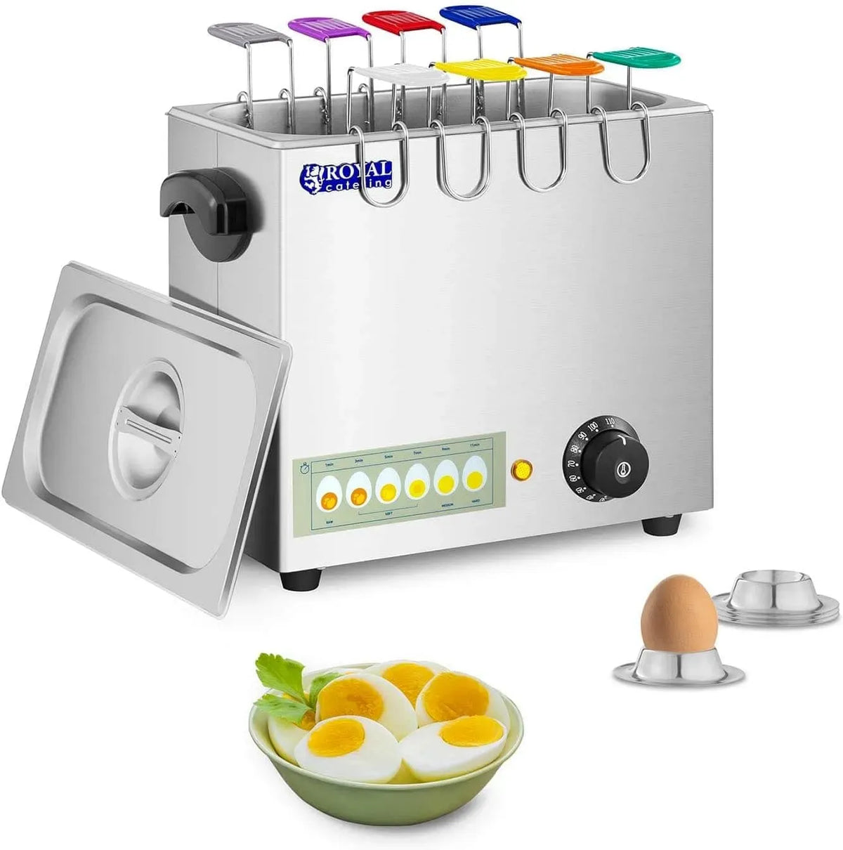 Bollitore elettrico RCEB-8T, professionale, ristorazione, acciaio inox, 4 Portauova incl, a 8 Uova, 8 Cucchiai, 2.600 W