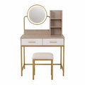 Toletta in legno con specchio illuminato e sgabello, beige e dorato