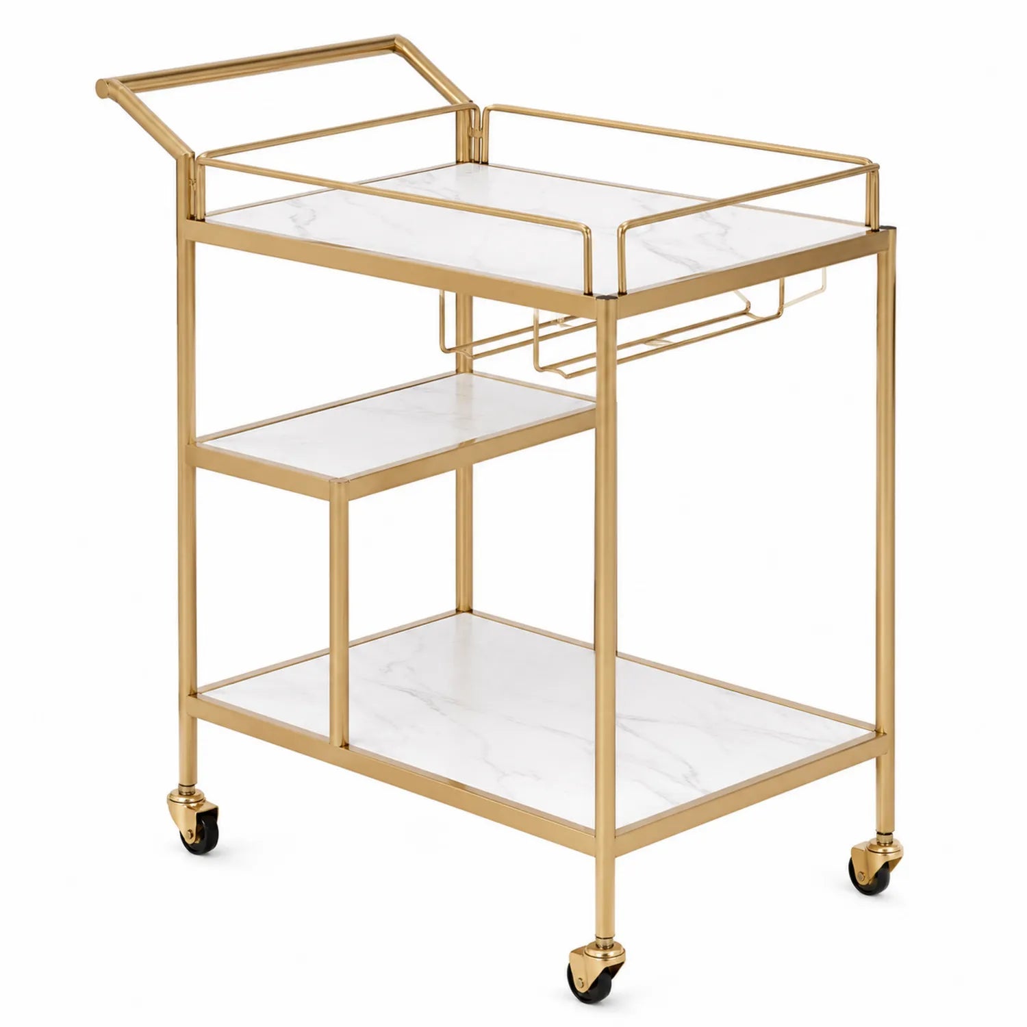 Carrello bar in metallo dorato con ripiani in MDF effetto marmo