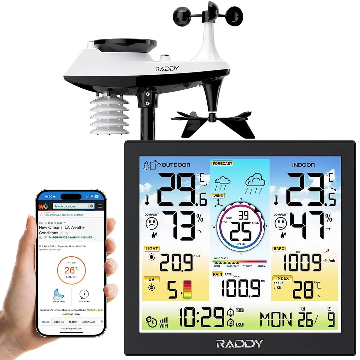 Monitor, Raddy WF-120C, esterno, Wi-Fi, professionale, 2 zone di temperatura, Wi-Fi Stazione meteorologica professionale, Indice UV