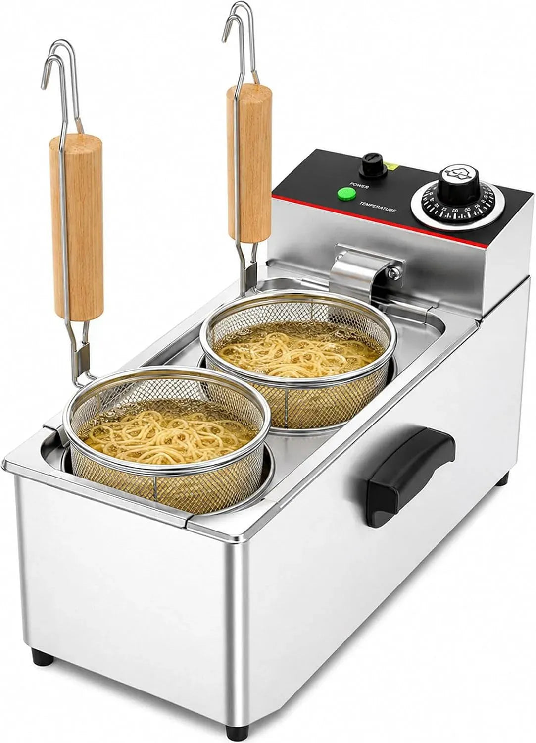 Modello Compatto Da Banco, dotato di 2 Cestelli Rotondi In Rete, Cuocipasta Elettrico Professionale Da 2000 W In Acciaio Inox, Termostato Regolabile