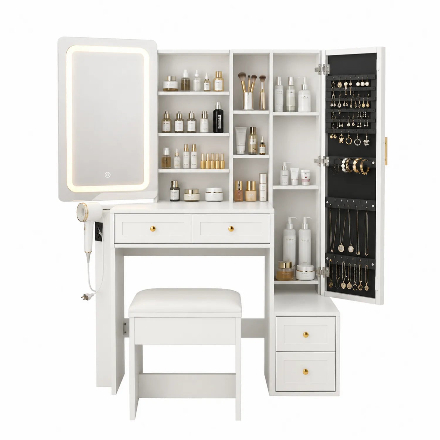 Tavolo Cosmetico con Specchio LED e Sgabello, Bianco