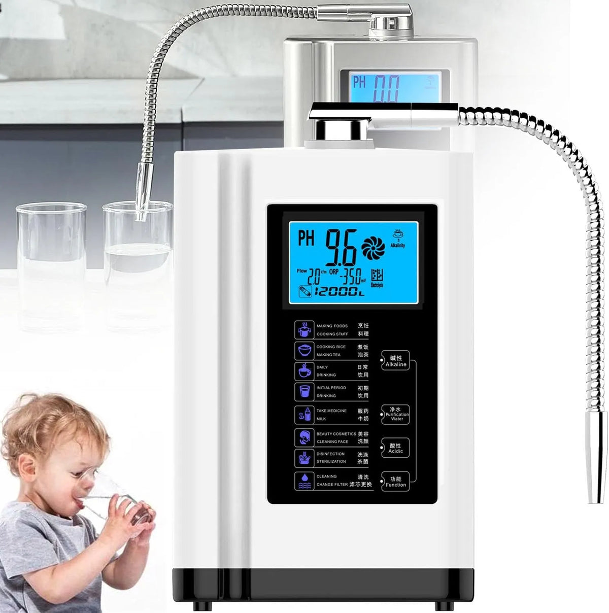 PH 3 AG7.0 Macchina per Acqua, generatore, display LCD, bianco, per Acqua alcalina, 3,8 Pollici