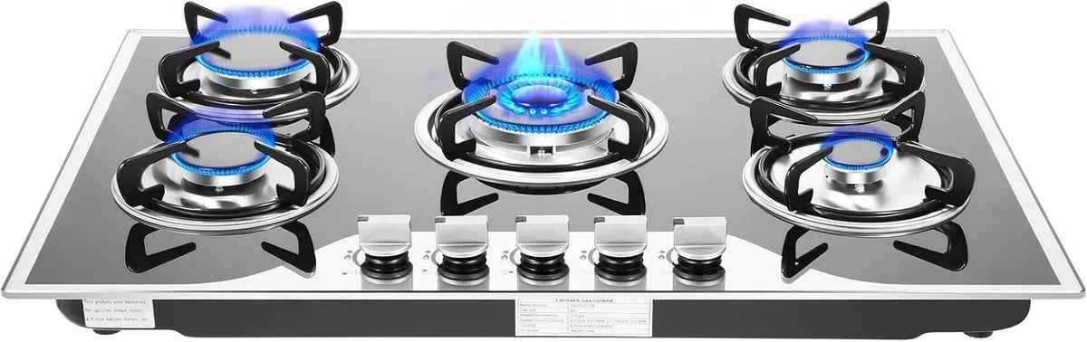 Piano cottura a gas, 5 fuochi, da incasso, acciaio inox, fornello a gas, da incasso LPG/NG, 5 zone, fornello a 5 luci