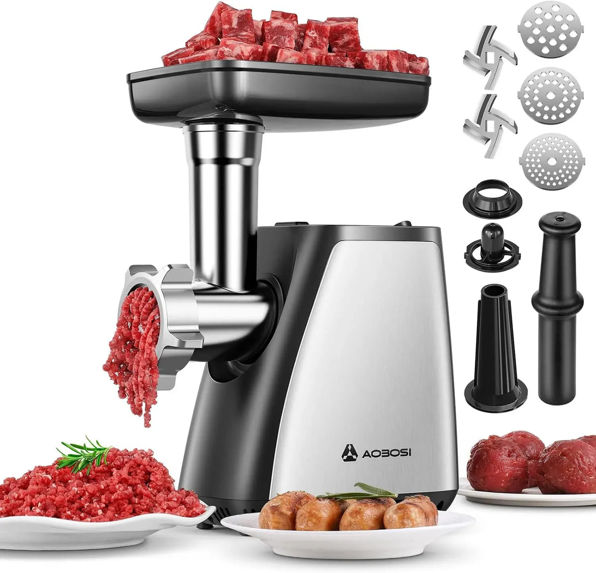 3-IN-1 Tritacarne Elettrico, Tritacarne AAOBOSI, per Uso Domestico in Cucina, 2800W Max, con 2 Lame, 3 Piatti, Insaccatrice per Salsicce, Kit Kubbe